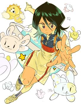 Rule 34 | 1girl, absurdres, black hair, bleach, commentary, dress, highres, kon (bleach), kuchiki rukia, purple eyes, rabbit, short hair, stuffed animal, stuffed lion, stuffed toy, untranslatable commentary, xi luo an ya