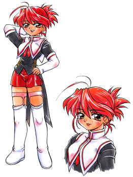 Rule 34 | 1girl, :p, absurdres, antenna hair, arm behind head, arm up, arm warmers, black shirt, boots, closed mouth, coattails, commentary request, cropped torso, full body, hand on own hip, highres, karin (quintet), kokomahi, legwear garter, lipstick, looking at viewer, makeup, miniskirt, multiple views, official art, orange eyes, parted lips, ponytail, puritan collar, quintet (drama cd), red hair, red lips, red ribbon, red skirt, ribbon, school uniform, shirt, short hair, short ponytail, simple background, skirt, smile, standing, tailcoat, thigh boots, tongue, tongue out, white arm warmers, white background, white boots