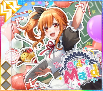 Rule 34 | 1girl, :d, album cover, alternate costume, apron, arm up, balloon, black bow, black dress, blush, bow, breasts, cat-shaped food, cinnamon stick, cover, dot nose, dress, english text, enmaided, food, fruit, game cg, hair bow, heart balloon, high side ponytail, holding, holding tray, idol wars, long sidelocks, looking at viewer, maid, maid apron, official art, open mouth, orange eyes, orange hair, parfait, red ribbon, ribbon, short sleeves, sidelocks, small breasts, smile, solo, star (symbol), strawberry, teeth, third-party source, toriyama nono, tray, upper teeth only, white apron