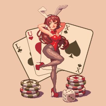 Rule 34 | 1girl, animal ear hairband, animal ears, artist name, black eyes, bow, bowtie, brown hair, brown pantyhose, card, commentary, detached collar, dice, english commentary, fake animal ears, hairband, hand in own hair, high heels, highleg, highleg leotard, leotard, long hair, original, oversized object, pantyhose, pixel art, playboy bunny, playing card, poker chip, rabbit ear hairband, rabbit ears, red bow, red bowtie, red leotard, red lips, red shoes, shoes, solo, standing, standing on one leg, stiletto heels, strapless, strapless leotard, thisislux, white hairband, wrist cuffs