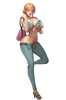 1girl absurdres alternate_hairstyle bag bangle bare_shoulders belt bikini bikini_top_only blue_pants blush bracelet breasts brown_eyes cleavage collarbone commentary denim double_strap_slip earrings english_commentary foot_up full_body green_bikini groin hair_bun high_heel_sandals high_heels highres holding holding_bag jeans jewelry large_breasts log_pose long_hair looking_at_viewer nami_(one_piece) nami_(one_piece)_(return_to_sabaody) narrow_waist navel official_alternate_costume one_piece open_belt open_clothes open_fly open_mouth orange_hair pants sandals sidelocks solo standing standing_on_one_leg stomach string_bikini swimsuit unbuckled unbuttoned_pants untied_bikini wardrobe_malfunction white_background znor