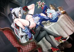 Rule 34 | 2girls, absurdres, arlecchino (genshin impact), black hair, blue eyes, blue hair, blush, breasts, breasts out, chair, commentary, crying, cup, english commentary, flower, furina (genshin impact), genshin impact, high heels, highres, indoors, jar, lips, lipstick, long hair, makeup, medium breasts, milk, multicolored hair, multiple girls, nipples, no panties, on table, open mouth, pants, plant, potted plant, pouring onto another, pussy, red eyes, shoes, short hair, sitting, smile, spill, spilling, table, tea, teacup, teapot, tears, teeth, upper teeth only, very long hair, wavy hair, white hair, yur4ish, yuri