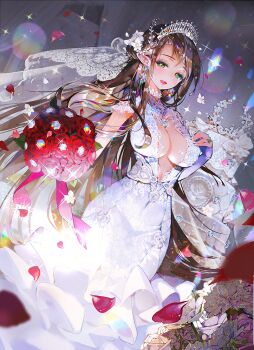 1girl :d blush bouquet breast_suppress breasts bridal_gauntlets brown_hair cake center_opening choker covered_navel crab_d curtains dress dutch_angle earrings elf eyelashes female_focus flower food frilled_dress frilled_sleeves frills gem green_eyes hair_flower hair_ornament hand_on_breast happy holding holding_bouquet jewelry lace lace-trimmed_dress lace_trim large_breasts lens_flare lipgloss long_dress long_hair looking_at_viewer motion_blur nail_polish necklace open_mouth ornate_ring pendant petals pink_ribbon pointy_ears qurare_magic_library red_flower red_rose ribbon ring rose see-through_clothes smile solo sparkle swept_bangs tiara veil very_long_hair wedding_cake wedding_dress wedding_ring white_dress white_flower white_nails white_rose