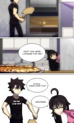 Rule 34 | 1boy, 1girl, ahoge, black hair, black shirt, blue eyes, cabinet, closed eyes, drawer, english text, fate/grand order, fate (series), father and daughter, food, fujimaru myriam, fujimaru ritsuka (male), highres, hood, hoodie, if they mated, kitchen, lazyartlazy12, multicolored hair, muscular, muscular male, original, oven, pink hoodie, pizza, shirt, sink, smile, speech bubble