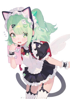 Rule 34 | 1girl, absurdres, animal ear hairband, animal ears, black dress, blush, cat ear hairband, cat ears, cat tail, commentary request, dress, fake animal ears, garter straps, green eyes, green hair, hair ornament, hairband, hairclip, highres, leaning forward, maid headdress, meoreng illust, official alternate costume, one side up, open mouth, puffy short sleeves, puffy sleeves, short dress, short sleeves, simple background, solo, sunna (afternoon tea break) (zenless zone zero), sunna (zenless zone zero), tail, thighhighs, white background, white thighhighs, white wings, wings, zenless zone zero