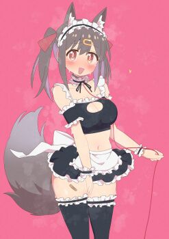 1girl animal_ears armband black_skirt black_thighhighs blush breasts brown_eyes brown_hair choker cleavage cleavage_cutout closed_mouth clothing_cutout commentary_request crop_top embarrassed frilled_armband frilled_choker frilled_skirt frilled_thigh_strap frilled_wrist_cuffs frills hair_ornament hairclip highres large_breasts looking_at_viewer maid_headdress medium_hair navel onii-chan_wa_oshimai! oyama_mihari pink_background short_twintails simple_background skirt solo stomach sweat tail thigh_strap thighhighs twintails waitress wanpai_liu white_background white_headdress wolf_ears wolf_girl wolf_tail wrist_cuffs