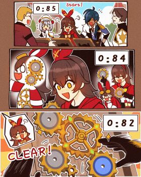 2girls 3boys :d puff_of_air ^_^ absurdres amber_(genshin_impact) animal_ears antenna_hair armor baron_bunny_(genshin_impact) black_gloves blue_hair blunt_bangs blush braid braided_bangs brown_eyes brown_gloves brown_hair closed_eyes crossed_bangs dark-skinned_male dark_skin doll dynamite empty_eyes enpitsu01 explosive eyepatch fang flying_sweatdrops gauntlets gears genshin_impact glasses gloves goggles green_eyes grey_hair hair_between_eyes hair_ribbon highres hood hooded_jacket hoodie huffman_(genshin_impact) jacket kaeya_(genshin_impact) long_hair long_sleeves maid multicolored_hair multiple_boys multiple_girls noelle_(genshin_impact) notice_lines open_mouth outdoors purple_hair red_hoodie red_jacket ribbon short_hair shoulder_armor skin_fang smile spoken_character streaked_hair sweatdrop timer two-tone_hair white_armor white_eyes