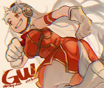 1girl animal_ears boots bow bowtie commentary dress feet_out_of_frame gloves gold_ship_(red_strife)_(umamusume) gold_ship_(umamusume) golden_week grin horse_ears horse_girl leggings long_hair looking_afar red_bow red_bowtie red_dress red_eyes running shinjitsu_no_kuchi simple_background sleeveless sleeveless_dress smile solo umamusume white_background white_boots white_gloves white_leggings