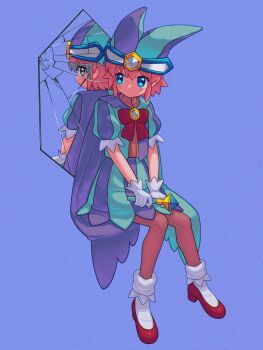 1girl absurdres blue_background blue_eyes blue_hat blue_jacket blue_skirt bow bowtie broken_mirror brooch closed_mouth commentary copy_ability film_grain full_body gloves hat highres holding holding_wand invisible_chair jacket jester_cap jewelry kanafumi_(spindle) kirby kirby_(series) looking_at_reflection looking_back mirror mirror_kirby nintendo open_clothes open_jacket personification pink_hair pink_shirt puffy_short_sleeves puffy_sleeves red_bow red_bowtie red_shoes reflection shirt shoes short_hair short_sleeves simple_background sitting skirt socks solo star_(symbol) star_in_eye striped_clothes striped_headwear striped_jacket striped_skirt symbol_in_eye twitter_username untranslatable_commentary vertical-striped_clothes vertical-striped_headwear vertical-striped_jacket vertical-striped_skirt wand watermark white_gloves white_socks