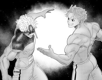 Rule 34 | 2boys, absurdres, commentary, cowboy shot, dandadan, english commentary, enjoji jin, evil eye (dandadan), greyscale, grin, highres, jxondre, looking at another, male focus, marvel vs. capcom, monochrome, multiple boys, muscular, muscular male, pants, sharp teeth, short hair, smile, teeth, topless male, x-men vs. street fighter