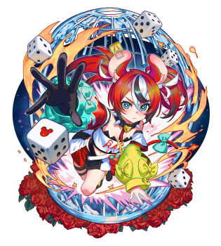 1girl absurdres animal_ears asymmetrical_sleeves black_gloves black_skirt blue_eyes blue_sleeves bow cheese closed_mouth collar commentary dice english_commentary flower fluffycatfish food gloves hakos_baelz hakos_baelz_(1st_costume) highres hololive hololive_english mismatched_sleeves mouse_ears mouse_girl mouse_tail mousetrap multicolored_skirt navel outstretched_arm red_flower red_rose red_skirt red_sleeves rose shirt simple_background single_glove skirt solo spiked_collar spikes tail tail_bow tail_ornament twintails virtual_youtuber white_background white_shirt white_skirt yellow_sleeves