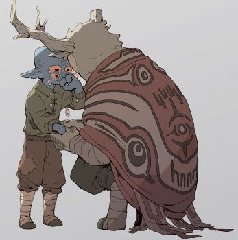 2others alien androgynous bandaged_leg bandages blue_skin broken_horn brown_pants cloak colored_skin crying crying_with_eyes_open extra_eyes fewer_digits full_body green_shirt hatchling_(outer_wilds) height_difference highres holding_hands horns multiple_others okajamira orange_eyes other_focus outer_wilds outer_wilds:_echoes_of_the_eye pants patchwork_clothes pointy_ears red_cloak shirt simple_background standing tears the_prisoner_(outer_wilds) white_background