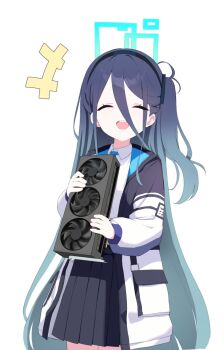 +++ 1girl absurdly_long_hair aris_(blue_archive) black_hair black_hairband black_skirt blue_archive blue_halo breasts closed_eyes collared_shirt cowboy_shot facing_viewer graphics_card hairband halo highres holding jacket long_hair long_sleeves millet_pepper one_side_up open_clothes open_jacket open_mouth pleated_skirt shirt simple_background skirt small_breasts smile solo very_long_hair white_background white_jacket white_shirt