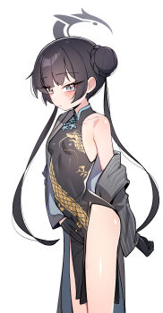 1girl absurdres arm_behind_back black_dress black_gloves black_hair blue_archive blush china_dress chinese_clothes cowboy_shot double_bun dragon_print dress gloves grey_eyes grey_halo grey_jacket hair_bun halo highres jacket kisaki_(blue_archive) long_hair looking_at_viewer open_clothes open_jacket pelvic_curtain simple_background single_bare_shoulder single_off_shoulder sleeveless sleeveless_dress solo standing striped_clothes striped_jacket symbol_in_eye thighs twintails vertical-striped_clothes vertical-striped_jacket white_background whonyang