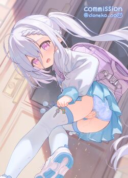 1girl absurdres ahoge backpack bag blue_panties blue_shoes blue_skirt blush braid character_request cloneko_(zelmeledf2) commission copyright_request crying crying_with_eyes_open embarrassed from_behind hair_between_eyes hand_on_own_crotch highres holding holding_key jojifuku key loli long_hair long_sleeves looking_at_viewer looking_back open_mouth panties pantyshot pee peeing peeing_self pleated_skirt print_panties puffy_long_sleeves puffy_sleeves purple_bag purple_eyes randoseru shirt shoes side_ponytail skeb_commission skirt solo tears thighhighs underwear upskirt variant_set white_hair white_shirt white_thighhighs