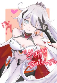 Rule 34 | 1girl, ;), aadtilyu7, ahoge, armor, armored dress, bare shoulders, blue eyes, border, breasts, commentary request, dated, dress, gauntlets, happy birthday, highres, honkai (series), honkai impact 3rd, kiana kaslana, kiana kaslana (herrscher of flamescion), large breasts, long hair, looking at viewer, one eye closed, pink background, smile, solo, tiara, very long hair, white border, white dress