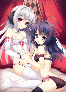 2girls :o :p antenna_hair argyle_background argyle_clothes bed black_legwear blue_eyes blush bra breasts brown_bra brown_panties cleavage corset curtains elbow_gloves garter_belt garter_straps gloves grey_hair hair_intakes holding_hands lingerie long_sleeves multiple_girls ookura_risona panties parted_lips purple_eyes purple_hair raiou red_eyes sakurakouji_luna simple_background tareme thighhighs tongue tongue_out tsuki_ni_yorisou_otome_no_sahou underwear underwear_only white_legwear white_panties
