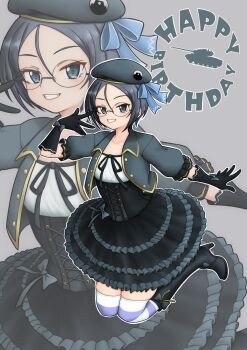 1girl absurdres amanone_yun beret black_boots black_dress black_gloves boots commentary cropped_jacket dress emblem english_commentary floating frilled_dress frilled_jacket frills girls_und_panzer girls_und_panzer_senshadou_daisakusen! glasses gloves grey_eyes grey_hair grey_hat grey_jacket grin happy_birthday hat high_heel_boots high_heels highres jacket japanese_tankery_league_(emblem) layered_dress legs_up looking_at_viewer medium_dress official_alternate_costume outline purple_thighhighs rimless_eyewear rumi_(girls_und_panzer) short_hair short_sleeves smile solo striped_clothes striped_thighhighs thighhighs white_outline white_thighhighs