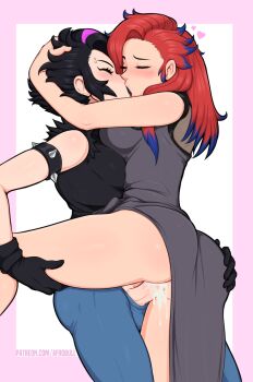 1futa 1girl afrobull armlet ass ass_grab asymmetrical_docking bare_shoulders black_gloves black_hair black_lips black_shirt blue_hair blush border breast_press breasts closed_eyes commentary cum cum_in_pussy dress english_commentary eyebrow_piercing face_piercing french_kiss from_side futa_with_female futanari gloves grey_dress hand_on_another&#039;s_ass heart highres jewelry katelynn_(afrobull) kiss large_breasts leg_lift lipstick long_hair makeup multicolored_hair multiple_girls no_panties original patreon_username penis piercing pink_border pink_hair profile ral_(afrobull) raleigh_layne_wheeler_(mac) red_hair sex shirt short_hair spiked_armlet standing standing_missionary standing_sex streaked_hair two-tone_hair uncensored vaginal white_background