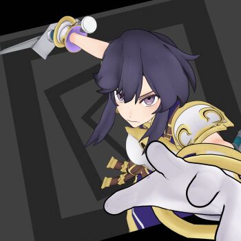 1girl 3d armor attack bare_legs belt black_hair blender_(medium) bracelet breastplate breasts commentary commission commissioner_upload english_commentary fire_emblem fire_emblem:_genealogy_of_the_holy_war foreshortening gloves highres holding holding_sword holding_weapon jewelry larcei_(fire_emblem) looking_at_viewer nintendo purple_eyes purple_tunic serious sheath short_hair shoulder_armor sidelocks simple_background sleeveless small_breasts solo sword theheat tunic weapon