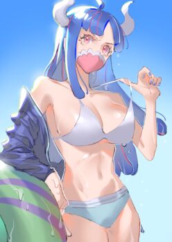 1girl bikini blue_hair breasts commentary covered_mouth curled_horns dinosaur_girl horns large_breasts long_hair mask mouth_mask multicolored_hair nail_polish one_piece pink_eyes pink_hair pink_mask raine_(acke2445) solo swimsuit symbol-only_commentary ulti_(one_piece)
