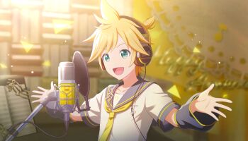 1boy :d bass_clef blonde_hair collarbone colorful_palette detached_sleeves game_cg green_eyes grey_sailor_collar grey_sleeves happy_anniversary headphones highres kagamine_len light_particles looking_at_viewer male_focus microphone musical_note musical_staff necktie official_art open_mouth project_sekai sailor_collar shirt short_hair smile solo spiked_hair studio_microphone third-party_source tongue triangle vocaloid white_shirt yellow_necktie