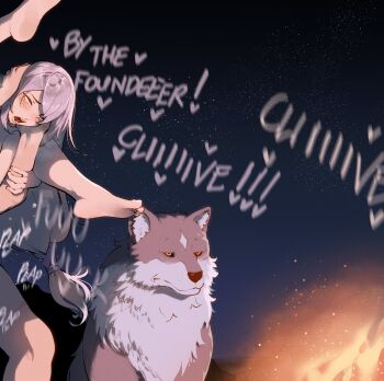 1boy 1girl animal annoyed barefoot blush clive_rosfield completely_unamused couple english_text feet final_fantasy final_fantasy_xvi grey_hair grey_wolf hetero highres jill_warrick long_hair meme nyantcha oblivious_woman_in_glasses_playing_video_games_(meme) out-of-frame_censoring out_of_frame reverse_suspended_congress rolling_eyes sex sex_from_behind soles toes torgal_(ff16) unamused wolf