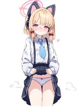 1girl :3 animal_ear_headphones animal_ears black_skirt blonde_hair blue_archive blue_necktie blush bow bow_panties cardcat_00 clothes_lift collared_shirt dot_nose fake_animal_ears hair_between_eyes half-closed_eyes halo headphones heart highres lifting_own_clothes loli long_sleeves looking_at_viewer low_twintails momoi_(blue_archive) necktie panties pink_bow pleated_skirt red_bow red_eyes shirt shirt_tucked_in simple_background skirt skirt_lift smile solo split_mouth standing suspender_skirt suspenders sweatdrop thigh_gap thighs twintails underwear white_background white_panties white_shirt
