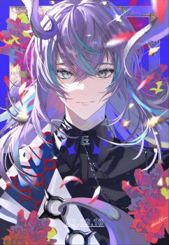 1boy absurdres aqua_eyes black_shirt blue_background blue_hair blurry blurry_foreground chain closed_mouth collar collared_shirt commentary crescent crossed_bangs dated eyelashes falling_petals flower hair_between_eyes highres hoshirube_sho hoshirube_sho_(1st_costume) jacket koujisako long_hair looking_at_viewer male_focus multicolored_hair nijisanji o-ring parted_lips petals picture_frame purple_hair red_flower shirt smile solo sparkle streaked_hair symbol-only_commentary twitter_username upper_body virtual_youtuber white_jacket