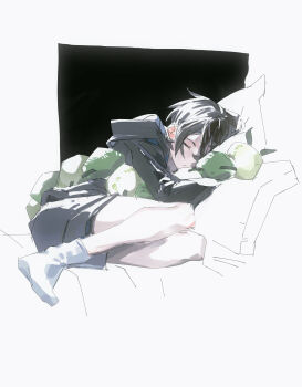 Rule 34 | 1boy, absurdres, black hair, black jacket, black shorts, closed eyes, closed mouth, commentary, highres, holding, holding stuffed toy, hood, hood down, hooded jacket, isoi haruki, jacket, lying, male focus, no shoes, on bed, on side, saibou shinkyoku, short hair, shorts, sleeping, socks, solo, stuffed animal, stuffed toy, symbol-only commentary, voltmeter f, white socks