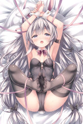 Rule 34 | 1girl, animal ears, armpits, arms up, black leotard, black thighhighs, blush, breasts, grey hair, heart, heart-shaped pupils, highleg, highleg leotard, highres, knees apart feet together, leotard, long hair, looking at viewer, lying, on back, open mouth, original, playboy bunny, purple eyes, rabbit ears, rabbit tail, ribbon, ryo (botugo), small breasts, solo, strapless, strapless leotard, symbol-shaped pupils, tail, thighhighs, very long hair, wrist cuffs