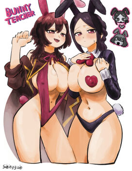 2girls artist_request black_hair bonnouji_momoha breasts brown_hair closed_mouth covered_erect_nipples english_text fake_tail female_focus heart_pasties highres kimi_no_koto_ga_dai_dai_dai_dai_daisuki_na_100-nin_no_kanojo large_breasts morikita_kimari multiple_girls navel pasties playboy_bunny rabbit_ears rabbit_tail shrug_(clothing) tail trait_connection