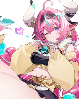 1girl absurdres ahoge animal_ears braid commentary_request cow_ears cow_horns detached_sleeves gaba_(gaba_0987) genshin_impact hairband heart heart_hands highres horns long_hair midriff navel one_eye_closed pink_hair purple_eyes smile thighs twin_braids twitter_username varesa_(genshin_impact) white_background