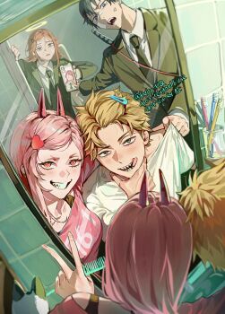 2girls 3boys absurdres angel_devil_(chainsaw_man) angel_wings bandage_on_face bandage_on_nose bandages black_hair black_jacket black_necktie blonde_hair blush cat chainsaw_man collared_shirt commentary_request cross-shaped_pupils demon_horns denji_(chainsaw_man) forehead hair_between_eyes hair_ornament hairclip halo hayakawa_aki heart_hairclip highres holding_with_gesture horns jacket korean_commentary kuby_hq long_hair looking_at_mirror makima_(chainsaw_man) mirror multiple_boys multiple_girls necktie pink_hair pink_shirt power_(chainsaw_man) red_eyes red_horns reflection reflection_focus sharp_teeth shirt short_hair smile suit_jacket symbol-shaped_pupils teeth tongue tongue_out topknot traditional_halo twitter_username v video_call white_shirt white_wings wings