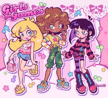 3girls afro aqua_shoes bag belt black_boots black_hair blonde_hair blue_eyes boots brown_hair camisole camouflage camouflage_pants cherry_print colorful commentary cross cross_necklace curly_hair dark-skinned_female dark_skin denim denim_skirt earrings english_commentary food_print fruit_print gabriella_(girlsgogames) girlsgogames grace_(girlsgogames) green_eyes gwen_(girlsgogames) hand_in_pocket handbag heart heart_earrings highres hoop_earrings jewelry layered_sleeves long_hair looking_at_viewer multicolored_shoes multiple_girls necklace orange_shoes pants pink_bag sandals shirt shoes short_hair skirt skull_earrings sneakers star_(symbol) star_print striped_clothes striped_shirt striped_sleeves thick_lineart two-tone_shoes white_camisole yanana_ua yellow_sandals yellow_shirt