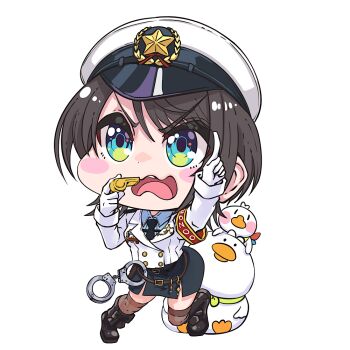 1girl black_shoes black_skirt black_thighhighs blue_eyes blue_shirt brown_hair chibi collared_shirt cuffs gloves handcuffs hat holding holding_whistle hololive jacket kajimakoto looking_at_viewer official_alternate_costume oozora_subaru oozora_subaru_(police) open_mouth shirt shoes skirt solo subatomo_(big) subatomo_(oozora_subaru) subatomo_(small) thighhighs virtual_youtuber whistle white_background white_gloves white_hat white_jacket