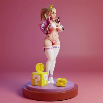 1girl 3d ?_block alternate_costume alternate_hairstyle animated bikini blonde_hair blue_eyes breasts full_body hands_on_own_hips jacket large_breasts mario_(series) multiple_views navel nintendo open_clothes open_jacket ponytail princess_peach smile swimsuit tagme thong_bikini turnaround video winter_peach
