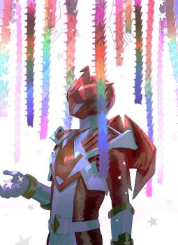 1boy armor belt bodysuit commentary_request helmet highres kaede_1402 no.1_sentai_gozyuger origa_red origami paper_crane red_armor red_helmet shoulder_armor solo super_sentai tokusatsu white_bodysuit