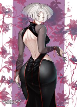 a.k.i._(street_fighter) ass black_eyes black_pants breasts capcom chinese_clothes curvy female_focus fingernails gloves highres huge_ass lipstick looking_at_viewer luxpineapple makeup medium_breasts ornament pale_skin pants sharp_fingernails short_hair solo street_fighter street_fighter_6 turtleneck white_hair