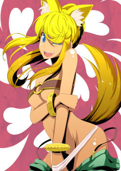 1girl :d ;d animal_ears b-ginga bare_shoulders belt_bra blonde_hair blue_eyes bracelet dark-skinned_female dark_skin extra_ears fang female_focus hand_under_clothes heart jewelry liru long_hair navel one_eye_closed open_mouth panties renkin_san-kyuu_magical_pokaan sidelocks smile solo star-shaped_pupils star_(symbol) suspenders symbol-shaped_pupils tail underwear wink