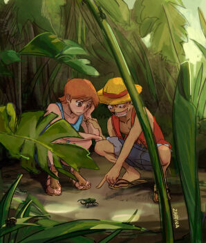 1boy 1girl 2026 artist_name bare_shoulders beetle black_hair blue_shorts blue_tank_top brown_eyes bug collarbone commentary elbow_rest english_commentary facial_scar flip-flops full_body fur-trimmed_shorts fur_trim hand_on_another's_arm hand_on_own_head hat high_heel_sandals high_heels highres holding_another's_arm insect leaf monkey_d._luffy nami_(one_piece) nami_(one_piece)_(reverse_mountain) nature official_alternate_costume one_piece open_clothes open_mouth open_vest orange_hair outdoors plant pointing red_vest sandals scar scar_on_cheek scar_on_face short_hair shorts squatting straw_hat tank_top vest zantinaa