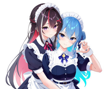 Rule 34 | 2girls, absurdres, alternate costume, apron, aqua hair, asymmetrical sidelocks, azki (hololive), black hair, blue dress, blue hair, blue nails, blue ribbon, braid, brooch, claw pose, closed mouth, collared dress, colored inner hair, commentary, contrast collar, double-parted bangs, dress, frilled apron, frilled dress, frills, hair between eyes, hair bun, hair intakes, hair ornament, hair ribbon, hairclip, half up braid, hand up, highres, hololive, hoshimachi suisei, jewelry, long hair, looking at viewer, maid, maid headdress, multicolored hair, multiple girls, nail polish, neck ribbon, official alternate hairstyle, pink hair, pink ribbon, pink streaks, puffy short sleeves, puffy sleeves, purple eyes, ribbon, short sleeves, side up bun, sidelocks, simple background, single side bun, smile, streaked hair, telu (teluscarlet), very long hair, virtual youtuber, waist apron, white apron, white background, white streaks