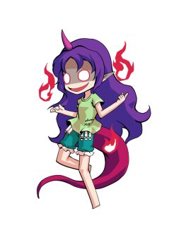 Rule 34 | 1girl, barefoot, breasts, chibi, chibi only, commentary request, dairi, full body, green shirt, green shorts, horns, large variant set, long hair, open mouth, pink horns, purple hair, red tail, shirt, shorts, simple background, single horn, smile, solo, tachi-e, tenkajin chiyari, test tube, touhou, transparent background, variant set, very long hair