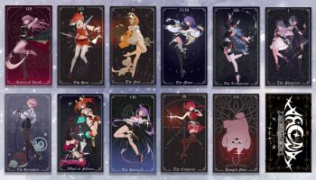 6+girls :d ^_^ absurdres animal_ear_fluff animal_ears arm_up barefoot black_boots black_gloves black_hair black_hat black_shoes black_shorts blonde_hair blue_eyes boots bow bow_choker breasts newsboy_cap card chef_hat chest_jewel choker circlet clenched_teeth closed_eyes collar colored_inner_hair colored_shoe_soles commentary covered_navel death_(tarot) detached_sleeves dog double_halo dress earrings english_commentary feather_earrings feathers fingerless_gloves full_body gloves green_choker green_eyes green_hair grey_hair grin gum_shrew hair_ribbon hakos_baelz hakos_baelz_(1st_costume) halo hat head_wings heterochromia high-waist_shorts high_heel_boots high_heels highres holding holding_scythe holding_sword holding_weapon hololive hololive_english hololive_indonesia horns hoso-inu houshou_marine houshou_marine_(1st_costume) inugami_korone inugami_korone_(1st_costume) irys_(hololive) irys_(irys_2.0)_(hololive) jacket jewelry koseki_bijou koseki_bijou_(1st_costume) lace lace_choker large_breasts long_hair long_sleeves looking_at_viewer metal_wings mini_chef_hat moona_hoshinova moona_hoshinova_(1st_costume) mori_calliope mori_calliope_(1st_costume) mouse_ears mouse_girl mouse_tail mousetrap mr._squeaks_(hakos_baelz) multicolored_hair multiple_girls multiple_hats navel off_shoulder official_art one_eye_closed ookami_mio ookami_mio_(1st_costume) open_mouth orange_hair orange_hat pantyhose pink_hair pleated_skirt pointy_ears puffy_sleeves purple_eyes purple_hair red_eyes red_hair red_skirt ribbon scythe shiori_novella shiori_novella_(1st_costume) shirt shoes short_hair shorts single_arm_guard single_thighhigh skindentation skirt smile spiked_collar spikes split-color_hair standing standing_on_one_leg star_halo starry_hair streaked_hair strength_(tarot) striped_arm_warmers sword tail takanashi_kiara takanashi_kiara_(1st_costume) takane_lui takane_lui_(1st_costume) tarot tarot_card teeth temperance_(tarot) the_empress_(tarot) the_fool_(tarot) the_hanged_man_(tarot) the_hierophant_(tarot) the_magician_(tarot) the_moon_(tarot) the_sun_(tarot) thigh_boots thigh_strap thighhighs thighs tiara tokoyami_towa tokoyami_towa_(1st_costume) twintails two-tone_hair very_long_hair virtual_youtuber weapon wheel_of_fortune_(tarot) white_dress white_gloves white_hair white_jacket white_shirt white_thighhighs wings wolf_ears wolf_girl yellow_eyes yellow_jacket yorick_(shiori_novella)