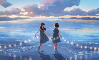 2girls backlighting bare_arms bare_shoulders barefoot beach black_hair blue_dress blue_eyes blue_sky blue_theme blunt_ends blurry blurry_background bob_cut closed_mouth cloud cloudy_sky depth_of_field dress facing_away floating_hair from_behind from_side glowing gradient_sky hair_behind_ear holding holding_hands holding_string horizon leg_up light light_particles long_hair looking_at_another looking_to_the_side medium_dress monaka_(siromona) multiple_girls no_lineart ocean original outdoors outstretched_arms profile puffy_short_sleeves puffy_sleeves reflection sand scenery shadow shore short_hair short_sleeves sky sleeveless sleeveless_dress standing string twilight water wide_shot wind yellow_sky
