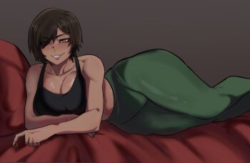 Rule 34 | 1girl, black tank top, breasts, brown eyes, brown hair, crop top, dark-skinned female, dark skin, eyes visible through hair, female focus, green pants, highres, large breasts, limbus company, lying, nasya ns, on bed, on side, outis (project moon), pants, project moon, short hair, smile, tagme, tank top