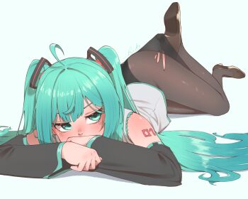 1girl absurdres ahoge aqua_eyes aqua_hair arm_tattoo black_panties black_pantyhose black_sleeves commentary detached_sleeves eyelashes full_body grey_shirt hatsune_miku highres lace_pantyhose_hooked_on_heel_(meme) long_hair looking_at_viewer lying meme number_tattoo on_stomach panties panties_under_pantyhose pantyhose ryouko_c shirt signature sleeveless sleeveless_shirt solo symbol-only_commentary tattoo torn_clothes torn_pantyhose twintails underwear very_long_hair vocaloid