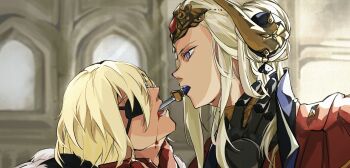 Rule 34 | 1boy, 1girl, blonde hair, blood, blood on face, blue cape, blue eyes, blurry, blurry background, cape, commentary, couple, depth of field, dimitri alexandre blaiddyd, dimitri alexandre blaiddyd (timeskip), double bun, dress, edelgard von hresvelg, edelgard von hresvelg (timeskip), english commentary, eyepatch, fake horns, fire emblem, fire emblem: three houses, fur trim, hair between eyes, hair bun, head tilt, headpiece, hetero, high collar, highres, horns, indoors, kawatooo, looking at another, looking down, looking up, lower teeth only, messy hair, nintendo, open mouth, purple eyes, red dress, shade, sword in mouth, teeth, upper body, upper teeth only