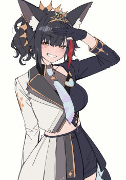 animal_ear_fluff animal_ears black_gloves black_hair blush closed_mouth gloves highres hololive looking_at_viewer medium_hair midriff_peek ookami_mio ponytail red_streaks rimori22 shirt smile solo two-tone_shirt two-tone_skirt virtual_youtuber white_shirt wolf_ears wolf_girl yellow_eyes