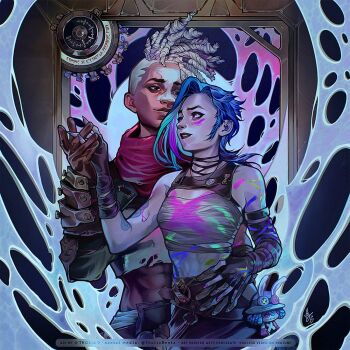 1boy 1girl abs arcane:_league_of_legends arcane_jinx arm_tattoo artist_name asymmetrical_gloves bandaged_chest bare_shoulders black_gloves black_lips blue_hair blue_nails breasts choker closed_mouth couple crop_top dark-skinned_male dark_skin dreadlocks ekko_(league_of_legends) elbow_gloves facepaint fingerless_gloves firelight_ekko gloves hetero holding_hands jinx_(league_of_legends) league_of_legends medium_breasts midriff nail_polish paint_on_body paint_on_clothes parted_lips procreate_(medium) red_scarf scarf shirt tattoo tholia_bentz torn_clothes torn_shirt twitter_username upper_body white_hair